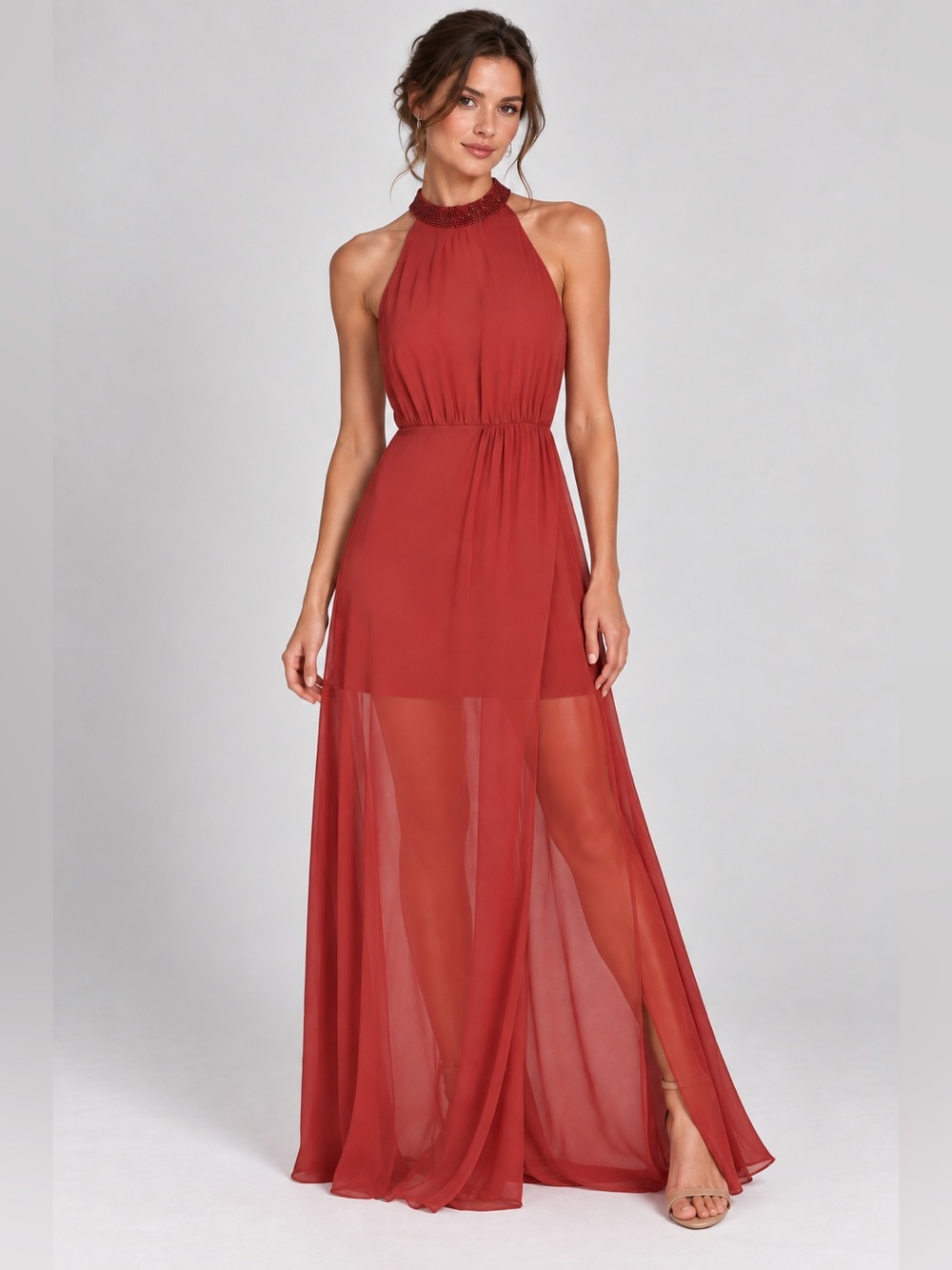 Haute Hippie Soleil Embellished Maxi Gown-Rust Pink Red-Size 8-NWT